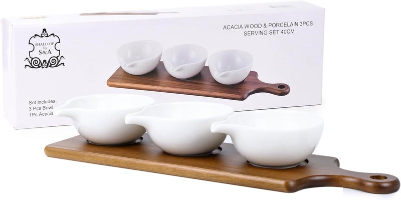 شالو طقم تقديم بورسلين أكاسيا خشبي 3 قطع، 40 سم، أبيض وبني - Image 5